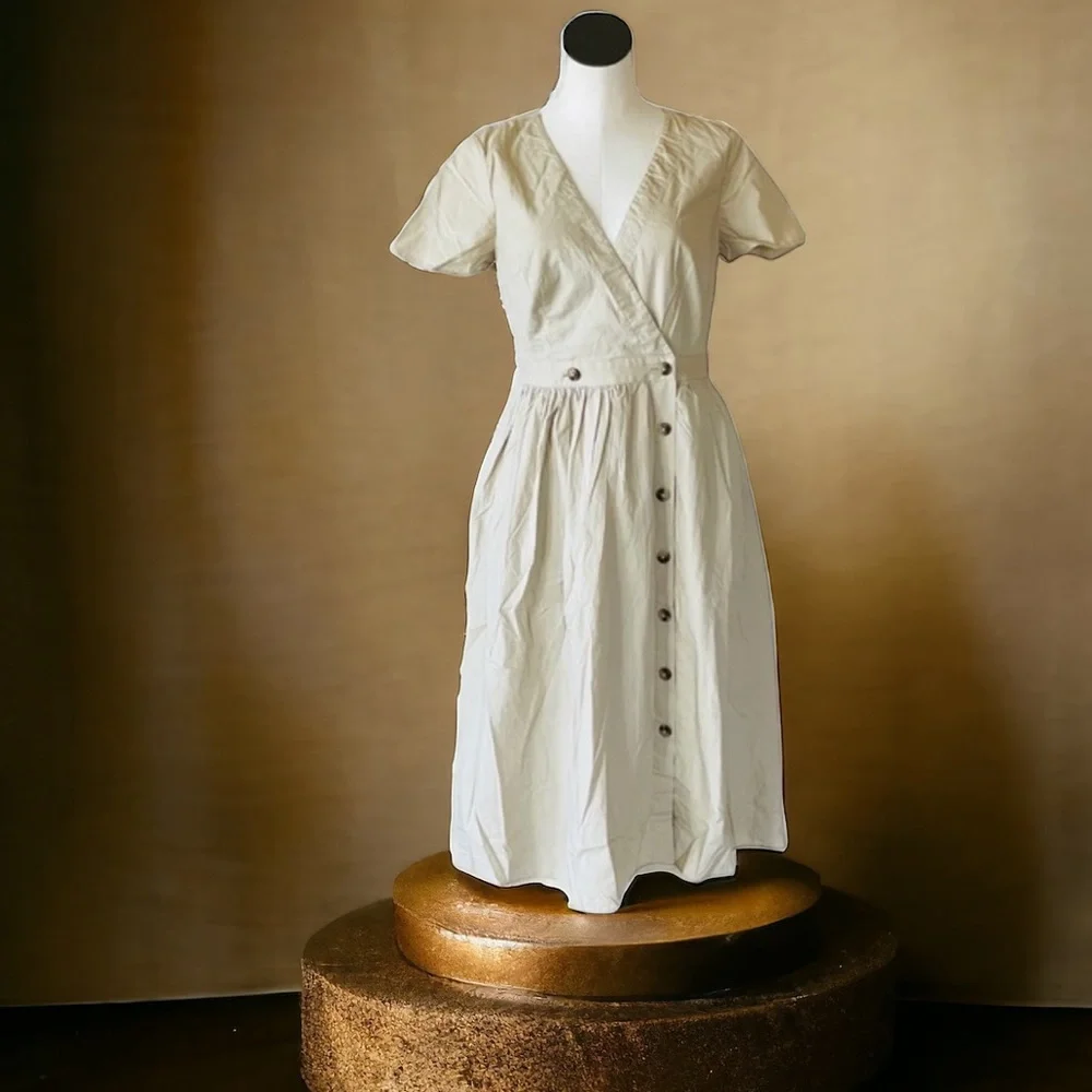 NWOT J.CREW BUTTON FRONT POPLIN KHAKI WRAP MIDI DRESS